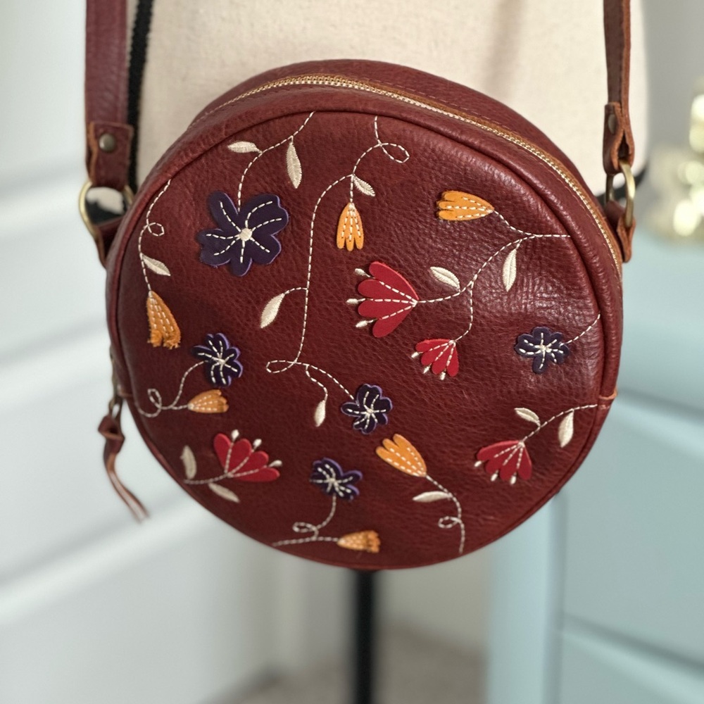 Portland Leather Round Crossbody Bag in Rich Brown with Floral Design